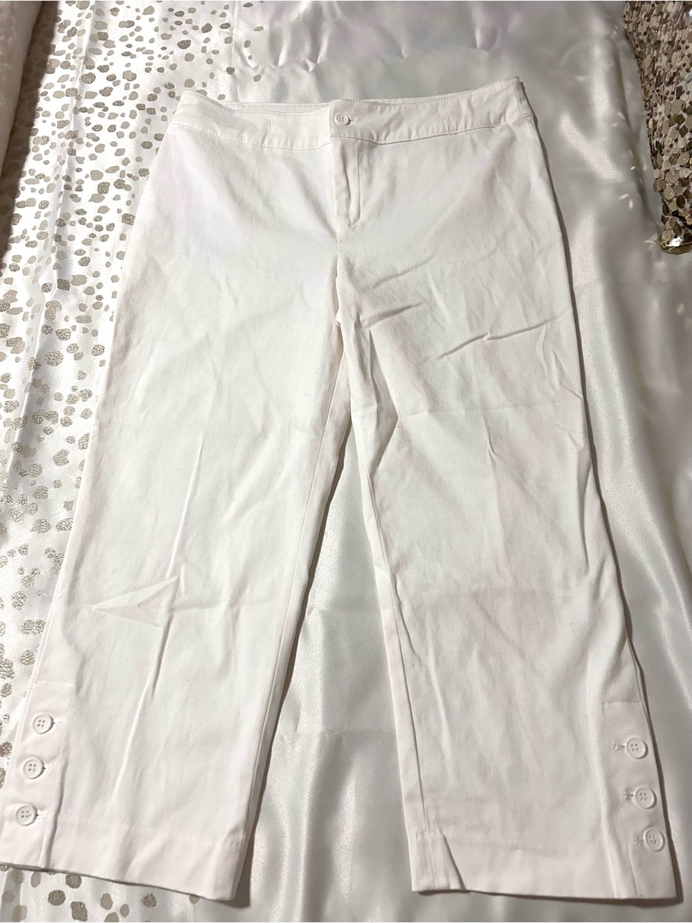 White Cropped 3 Button-Hem Pants